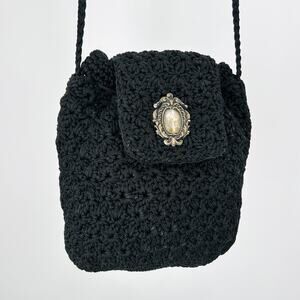 Vintage 90s Marshall & Glister Black Crochet Silver Cameo Crossbody Bag